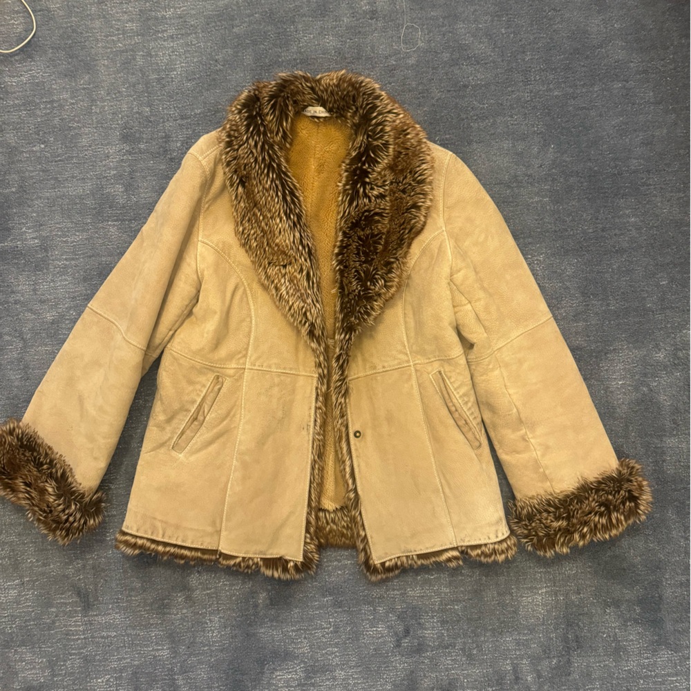Genuine Leather Jacket with Plush Tan Faux Fur Lining